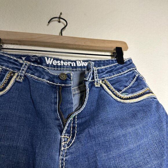 Western Blue Denim Jean Pant Women 30 Blue Embroidered Indie Rock Riding Bootcut - Picture 7 of 15